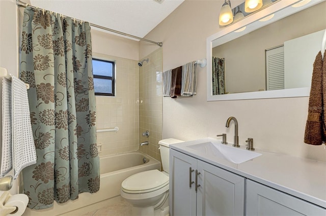 full bathroom with shower / bathtub combination with curtain, vanity, a textured ceiling, and toilet