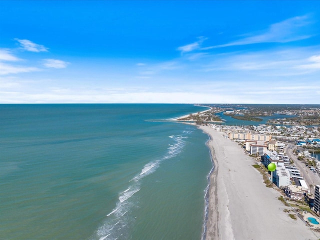 bird's eye view featuring a beach view and a water view