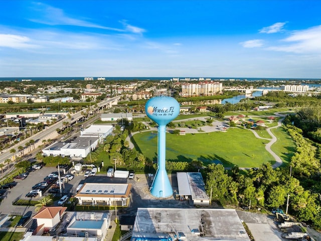 bird's eye view with a water view