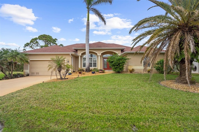 mediterranean / spanish house featuring a front lawn and a garage