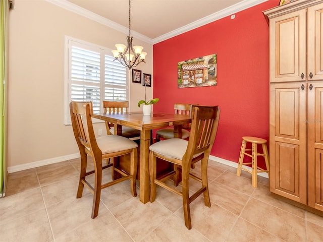 dining area with ornamental molding, light tile patterned floors, and an inviting chandelier