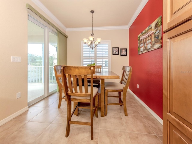 dining space featuring crown molding, light tile patterned floors, and an inviting chandelier