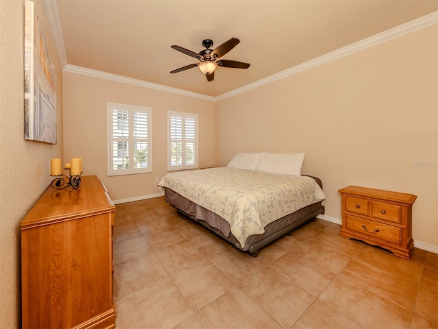 bedroom featuring ceiling fan and crown molding