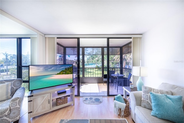 living room featuring hardwood / wood-style flooring and expansive windows