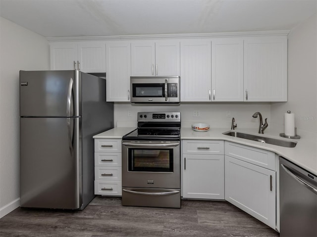 kitchen with white cabinetry, sink, dark hardwood / wood-style floors, and appliances with stainless steel finishes