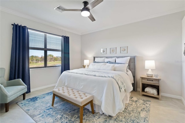 bedroom featuring ceiling fan and crown molding