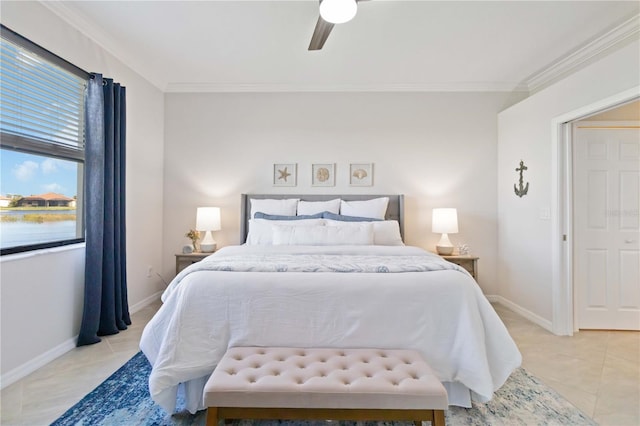 tiled bedroom with a water view, ceiling fan, and crown molding