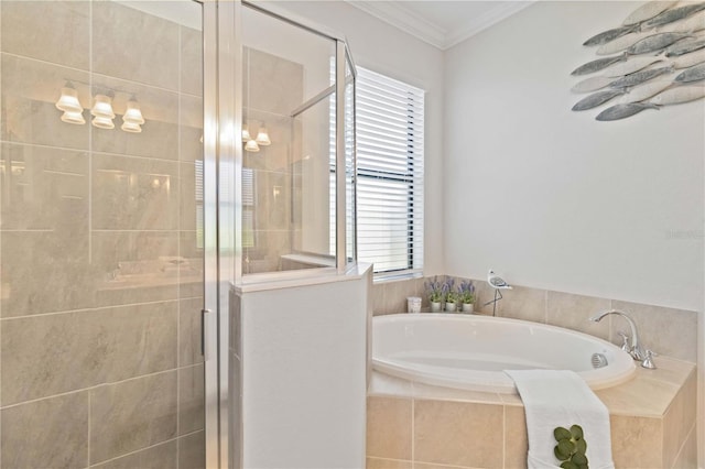 bathroom with shower with separate bathtub and crown molding