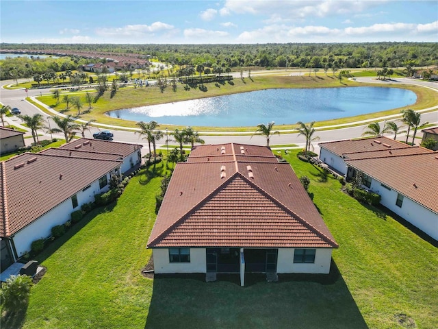 drone / aerial view featuring a water view