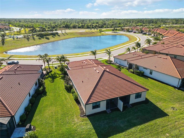 drone / aerial view featuring a water view