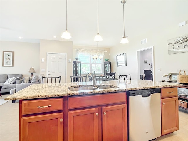 kitchen with light stone countertops, stainless steel dishwasher, sink, decorative light fixtures, and an inviting chandelier