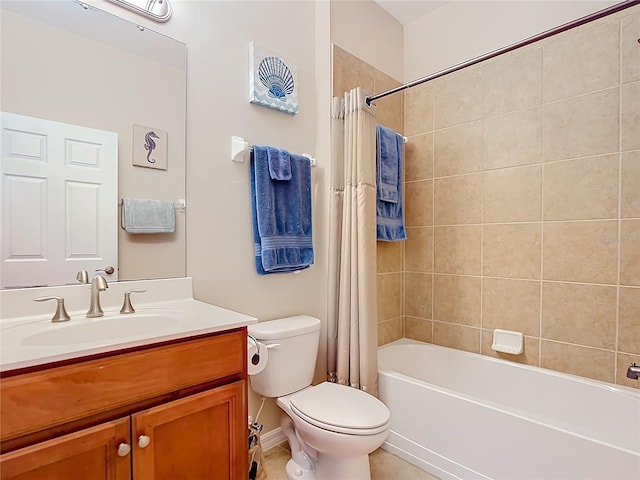 full bathroom with shower / tub combo, vanity, toilet, and tile patterned floors