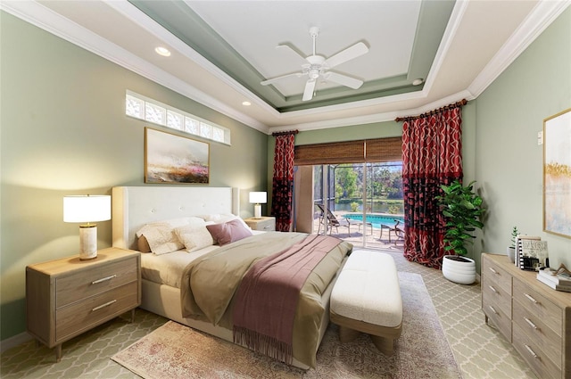 bedroom featuring access to exterior, recessed lighting, a raised ceiling, ornamental molding, and a ceiling fan