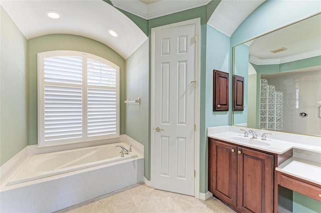 full bath with tile patterned flooring, a garden tub, vanity, and curtained shower