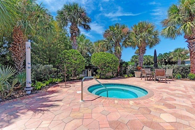 view of swimming pool with a patio and a hot tub