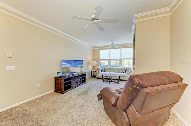 living room featuring light carpet, ceiling fan, and ornamental molding