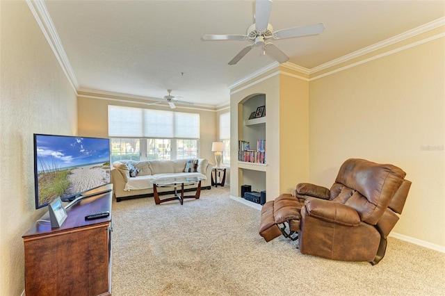 carpeted living room with ceiling fan, built in features, and crown molding