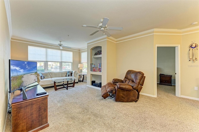 living room with light carpet, crown molding, and ceiling fan