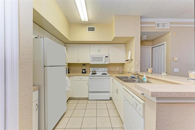 kitchen with white cabinetry, sink, kitchen peninsula, crown molding, and white appliances