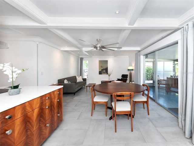 dining space with beam ceiling, light tile patterned floors, and ceiling fan