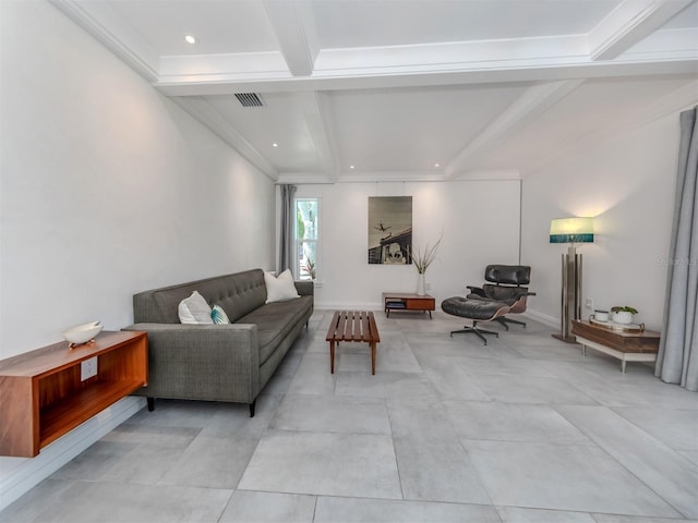 living room featuring beam ceiling and crown molding