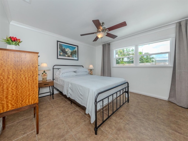 bedroom with ceiling fan, ornamental molding, and light tile patterned flooring