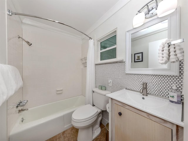 full bathroom with tile patterned flooring, toilet, decorative backsplash, vanity, and shower / tub combo