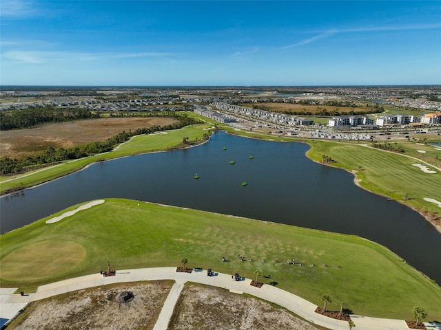 bird's eye view with golf course view and a water view