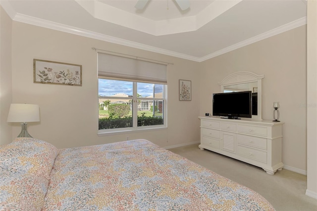 carpeted bedroom with ceiling fan and crown molding