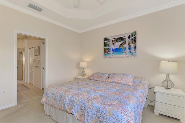 carpeted bedroom featuring ceiling fan and ornamental molding