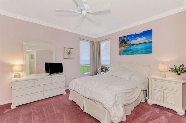 carpeted bedroom with ceiling fan and crown molding