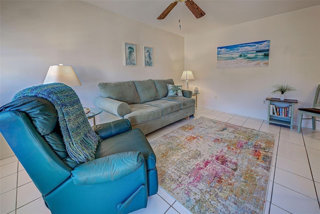 tiled living room featuring ceiling fan