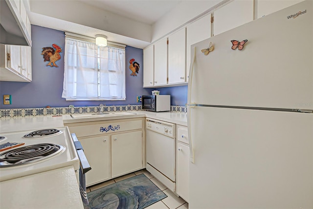 kitchen with white cabinetry, sink, extractor fan, white appliances, and light tile patterned flooring