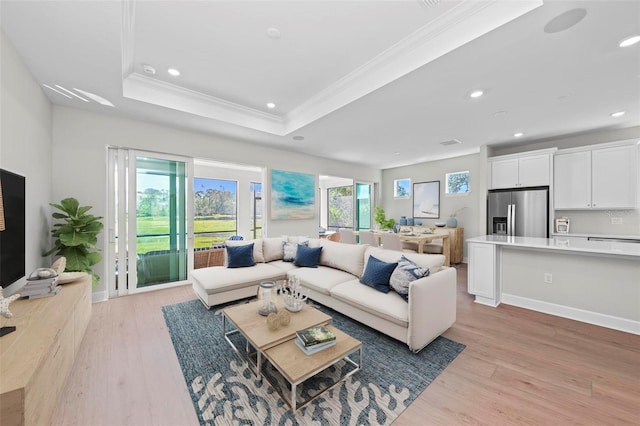 living room featuring ornamental molding, light hardwood / wood-style floors, a raised ceiling, and a wealth of natural light