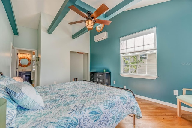 bedroom with high vaulted ceiling, an AC wall unit, ceiling fan, beamed ceiling, and light hardwood / wood-style floors