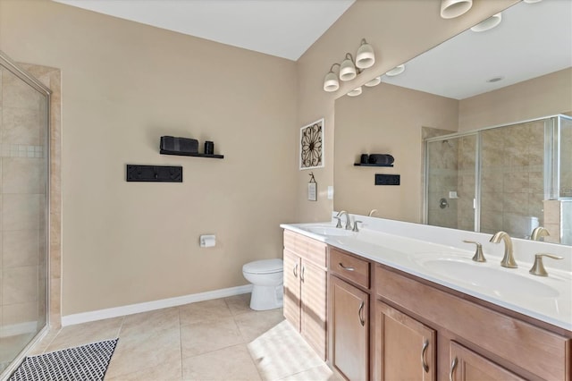 bathroom with tile patterned floors, toilet, and an enclosed shower