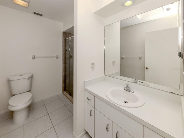 bathroom with walk in shower, tile patterned flooring, vanity, and toilet