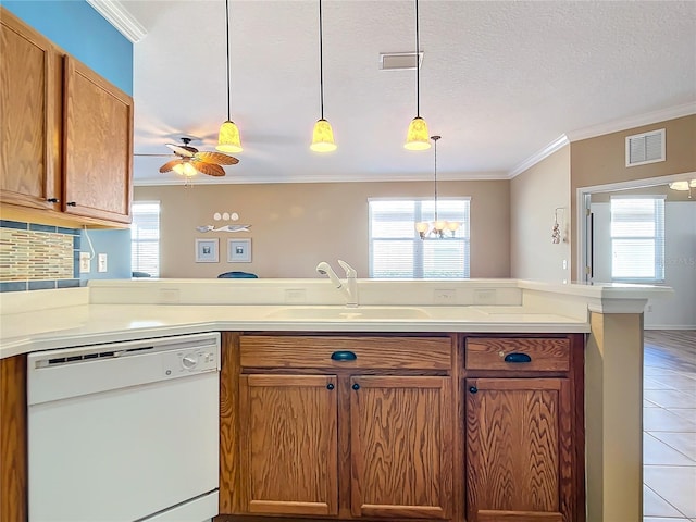 5255 Athens Way, Venice, FL 34293 - kitchen with dishwasher, ceiling fan, ornamental molding, a peninsula, and pendant lighting