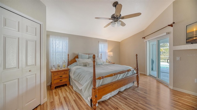 bedroom featuring access to outside, a closet, light hardwood / wood-style floors, and ceiling fan