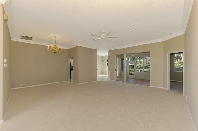 carpeted empty room with ceiling fan with notable chandelier and ornamental molding