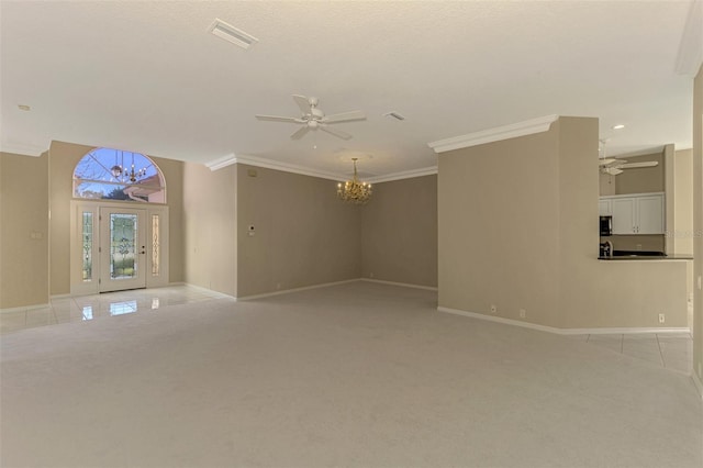 unfurnished room with light carpet, ceiling fan with notable chandelier, and ornamental molding