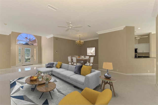 living room with light carpet, ceiling fan with notable chandelier, and ornamental molding