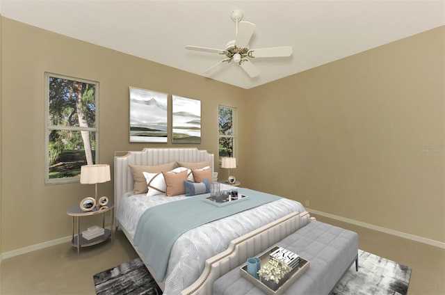 carpeted bedroom with ceiling fan