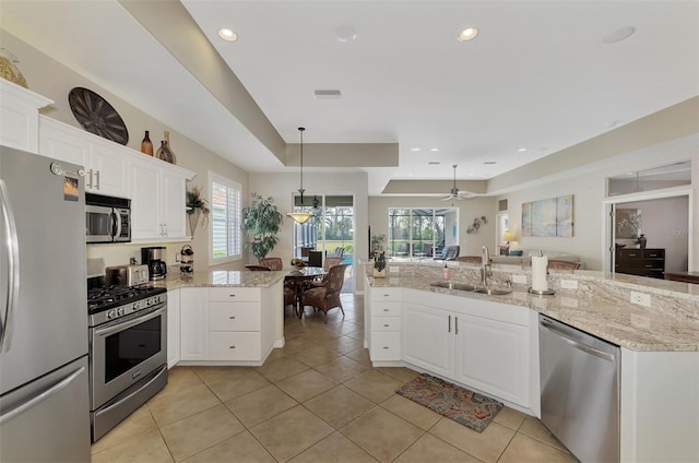 kitchen with appliances with stainless steel finishes, white cabinetry, a wealth of natural light, and sink