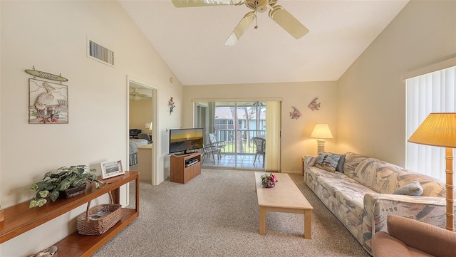 living room featuring light colored carpet, high vaulted ceiling, and ceiling fan