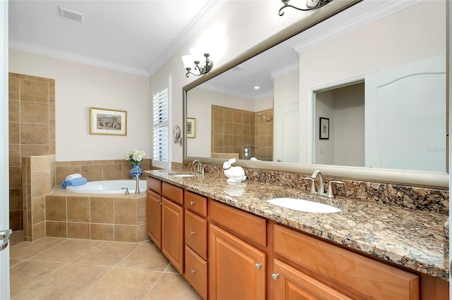 bathroom with tile patterned flooring, vanity, separate shower and tub, and ornamental molding