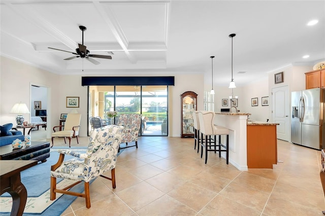 living room featuring beamed ceiling, ceiling fan, light tile patterned flooring, and coffered ceiling