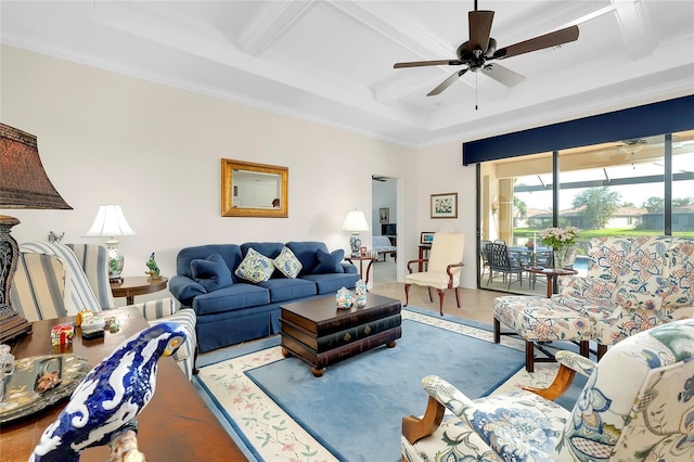 living room featuring ceiling fan, beamed ceiling, coffered ceiling, and ornamental molding