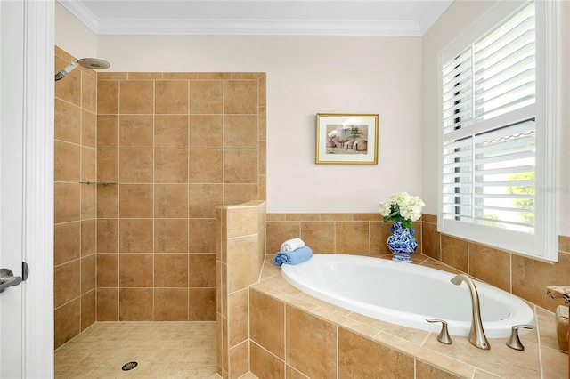 bathroom featuring separate shower and tub and crown molding