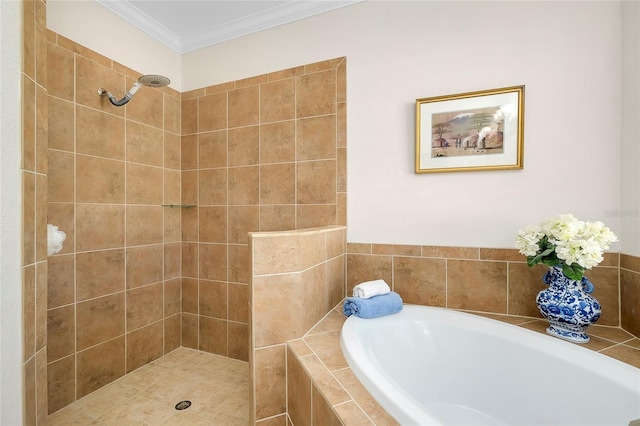 bathroom with independent shower and bath and ornamental molding